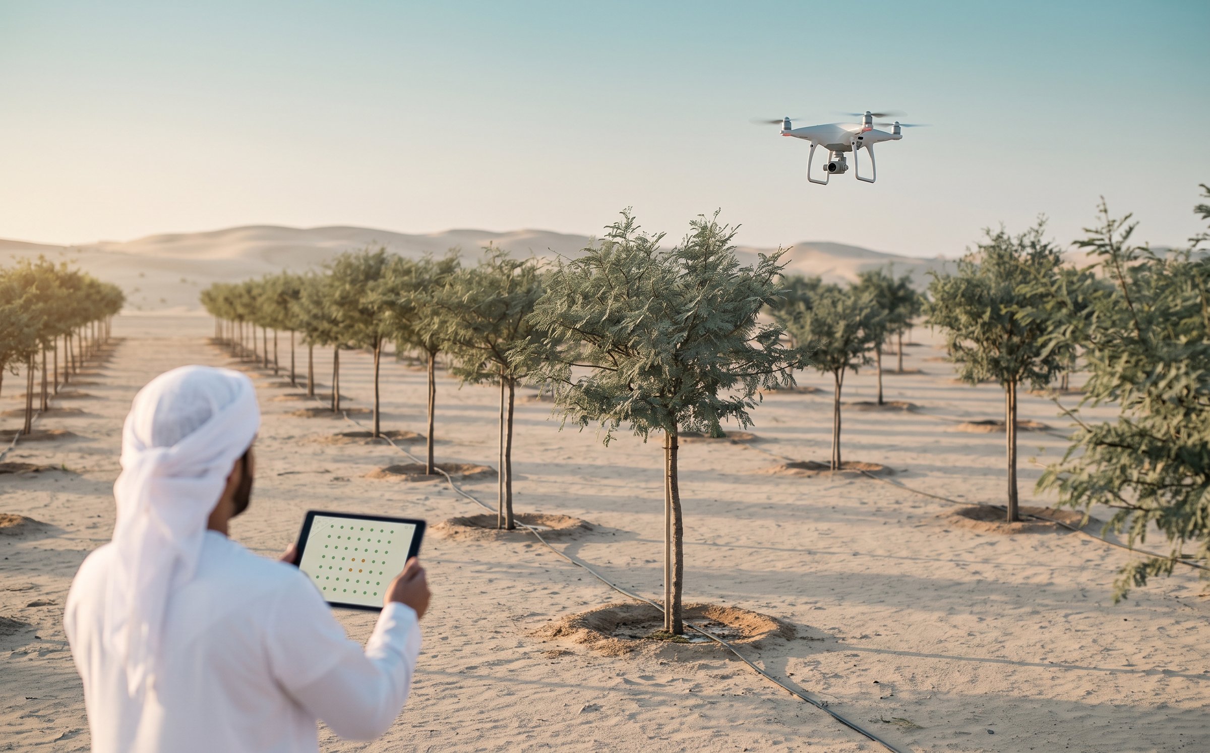 Survey drone above rows of young Ghaf trees