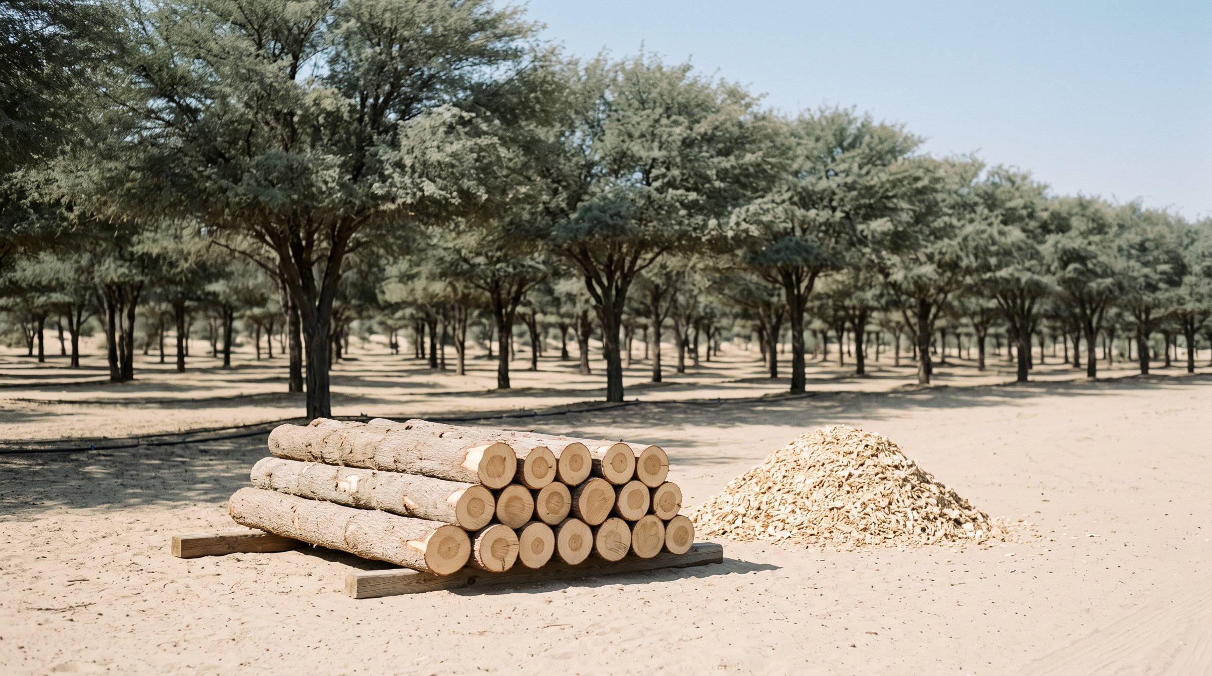 Stacked logs and wood chips at the edge of a desert plantation
