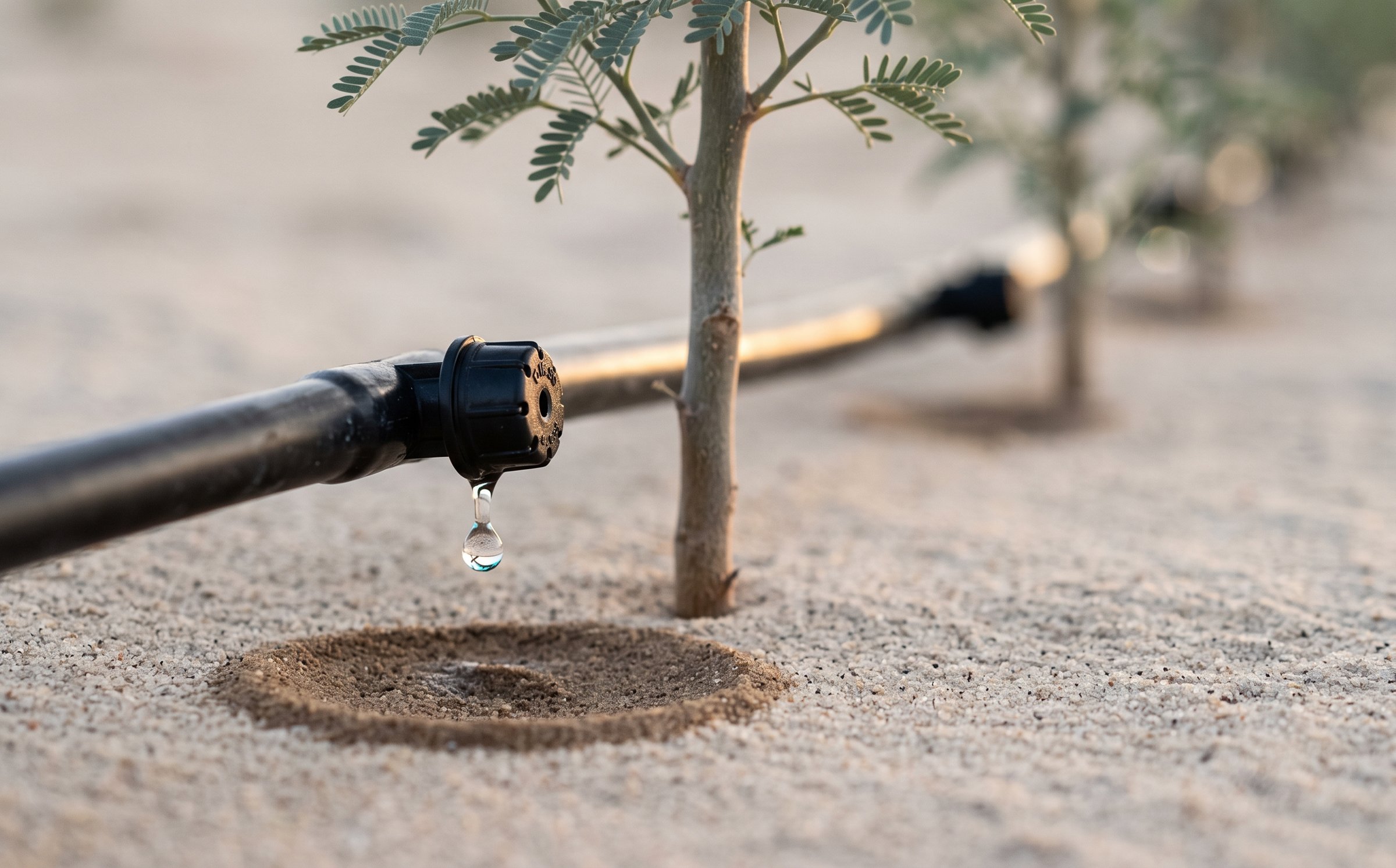 A single drop of water from a drip emitter at the base of a young Ghaf seedling